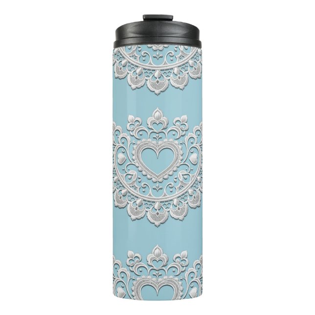 Turquoise Blue White Lace Heart Wedding Bridal Thermal Tumbler (Front)