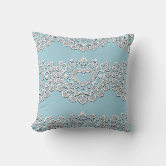 Turquoise Blue White Lace Heart Wedding Bridal Throw Pillow (Front)