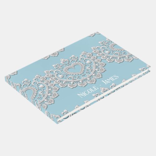 Turquoise Blue White Lace Heart Wedding Guest Book