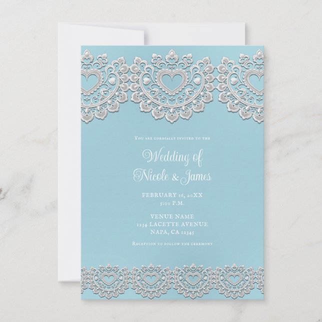 Turquoise Blue White Lace Heart Wedding Invitation (Front)