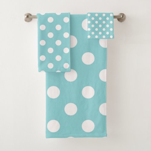 Turquoise Blue  White Polka Dots Dot Bath Towel Set