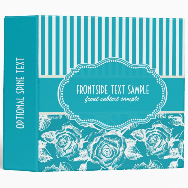 Turquoise-Blue & White Roses & Stripes Pattern 3 Ring Binder (Front/Spine)