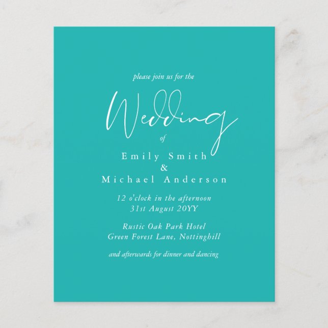 Turquoise Blue White Script  Budget Wedding (Front)