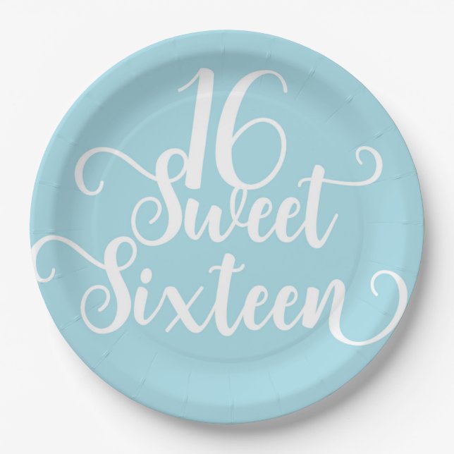 Turquoise Blue White Sweet 16 Birthday Party   Paper Plates (Front)