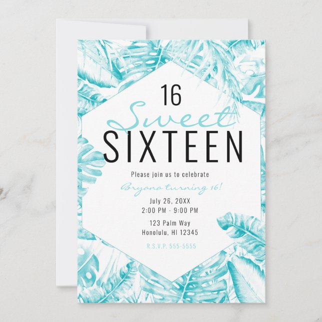 Turquoise Blue White Tropical Palm Leaves Sweet 16 Invitation (Front)