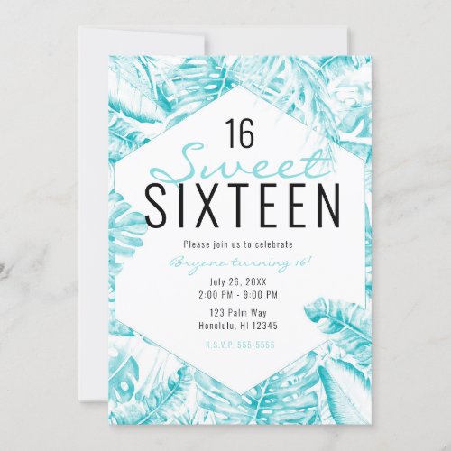 Turquoise Blue White Tropical Palm Leaves Sweet 16 Invitation