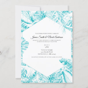 Turquoise Blue White Tropical Palm Leaves Wedding Invitation