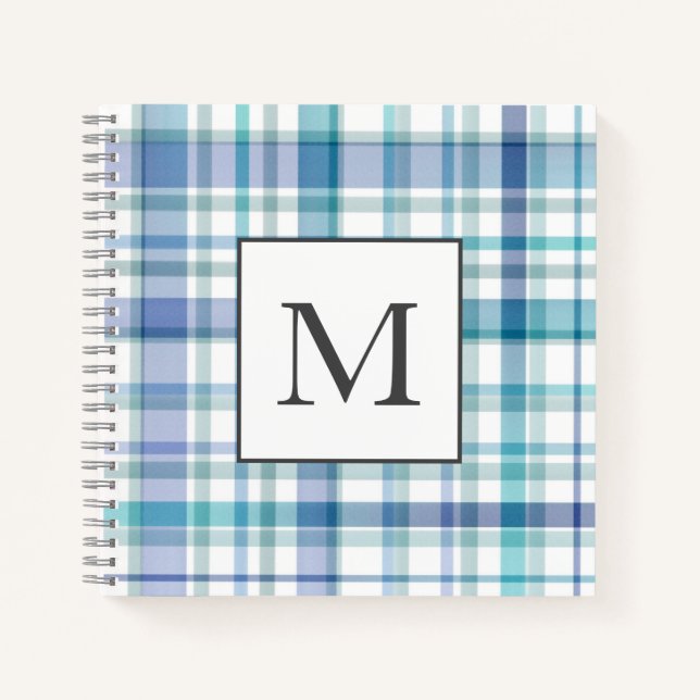 Turquoise Blue White Watercolor Plaid Notebook (Front)