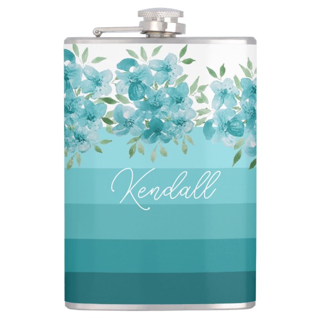 Turquoise Blue Wildflowers Watercolor Art Flask (Front)