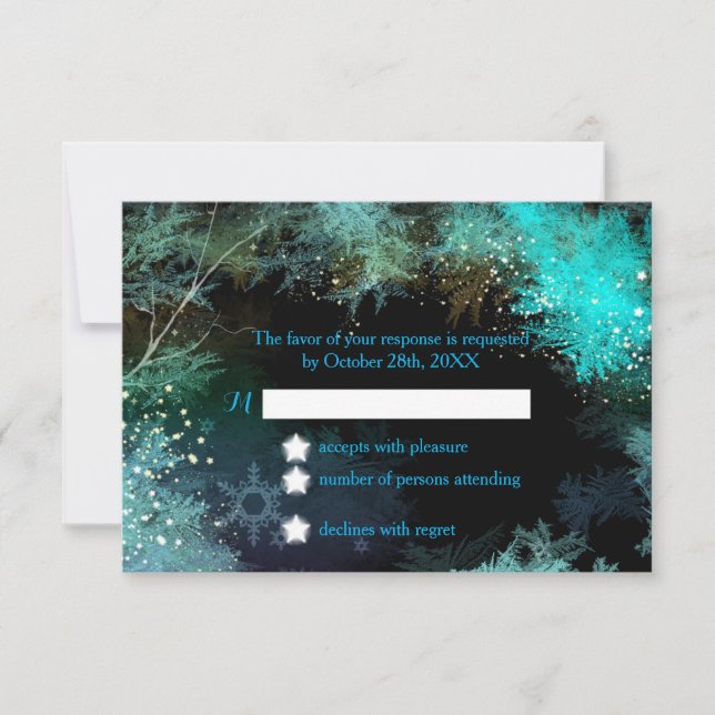 Turquoise Blue Winter Forest Wedding RSVP Card (Front)