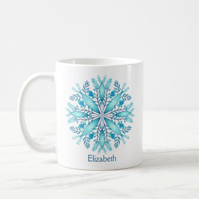 Turquoise Blue Winter Snowflake Flower Name Coffee Mug (Left)