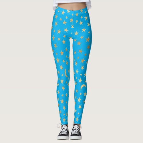 Turquoise Blue With Gold Foil Stars and Moons   Leggings