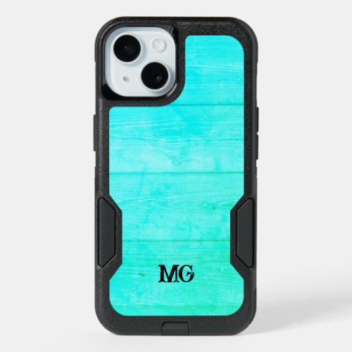 Turquoise blue wood texture custom monogram iPhone 15 case