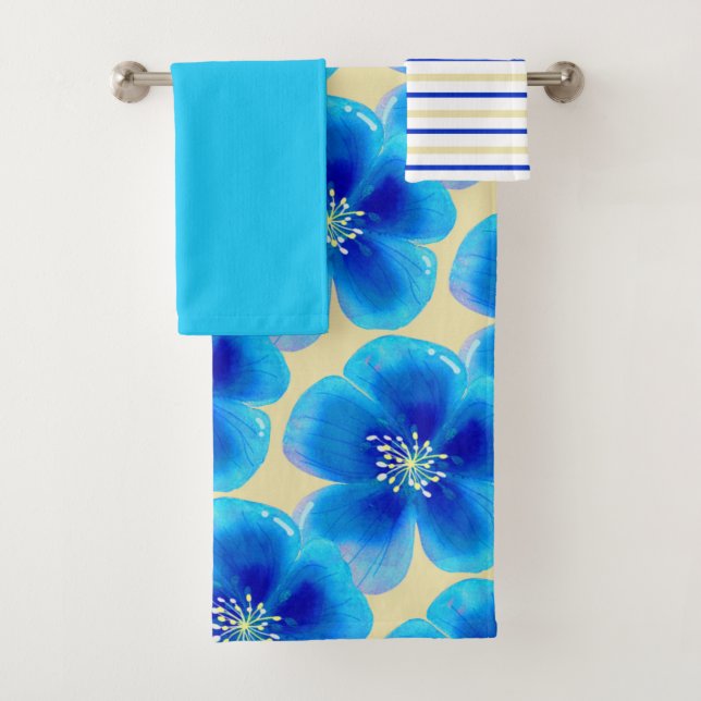 Turquoise Blue & Yellow Cheerful Floral Bath Towel Set (Insitu)