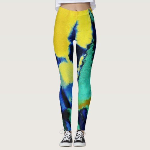 Turquoise Blue Yellow Paint Splatter Leggings