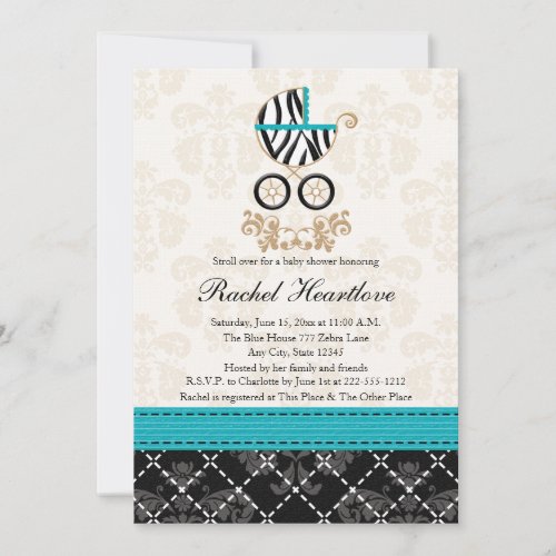 Turquoise Blue Zebra Print Carriage Baby Shower Invitation