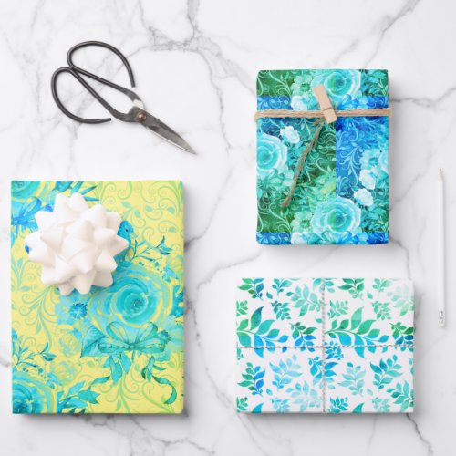 Turquoise Blues with Yellow and White Floral Wrapping Paper Sheets