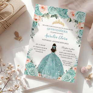 Turquoise Blush Floral Princess Gold Quinceañera  Invitation