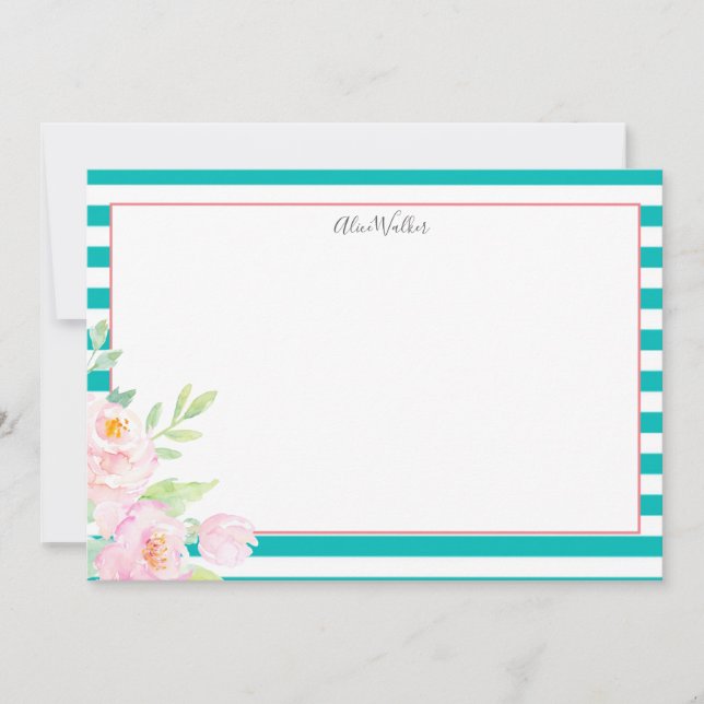 Turquoise Blush Peonies Stationery Note Card (Front)