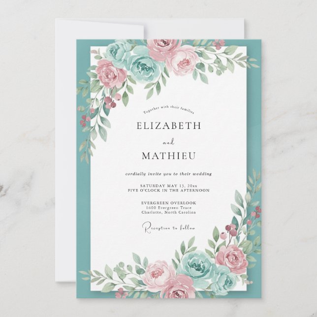 Turquoise Blush Peony Wedding Invitation (Front)