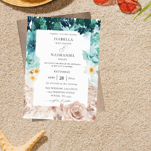 Turquoise & Blush Pink Floral Wedding 2 Invitation