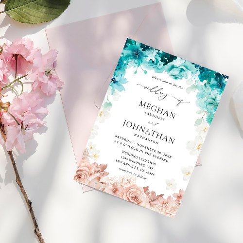 Turquoise  Blush Pink Floral Wedding Invitation