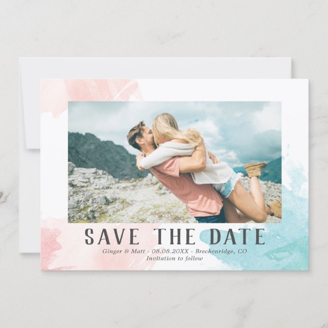 Turquoise & Blush Watercolor - Photo Save the Date (Front)