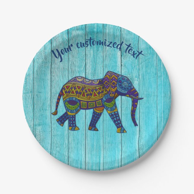 Turquoise Bohemian Mosaic Elephant Paper Plates (Front)