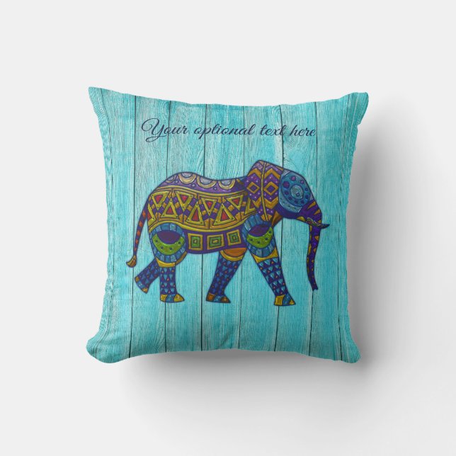 Turquoise Bohemian Mosaic Elephant Pillow (Front)