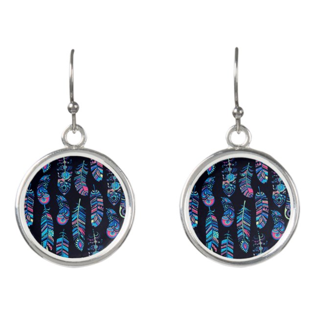 Turquoise Boho Feathers Pattern Earrings (Front)