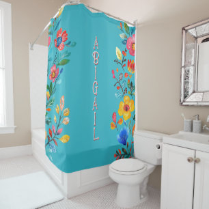 Turquoise Boho Personalized Name Mexican Floral Shower Curtain