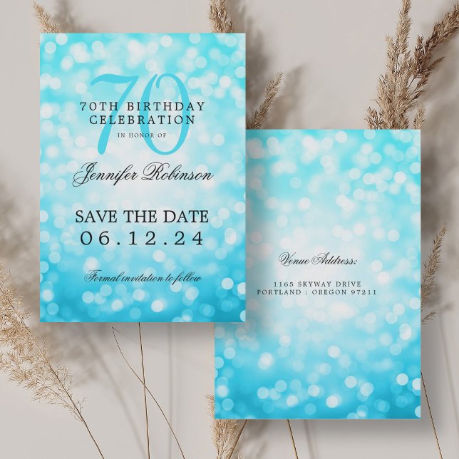 Turquoise Bokeh 70th Birthday Save the Date  Invitation (Turquoise Bokeh 70th Birthday Save the Date Invitation)