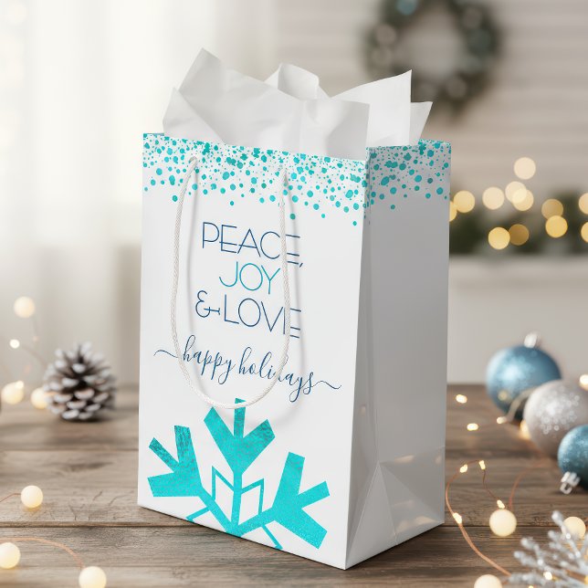 Turquoise Bold Snowflake Peace Joy Love Typography Medium Gift Bag (Creator Uploaded)