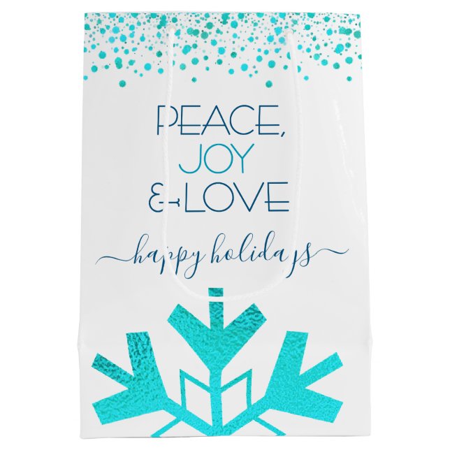 Turquoise Bold Snowflake Peace Joy Love Typography Medium Gift Bag (Back)