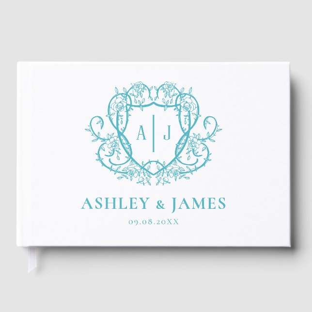 Turquoise Botanical Monogram Crest Wedding Guest Book (Front)