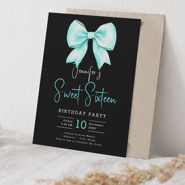 Turquoise Bow Coquette Script Sweet 16 Black Invitation (Turquoise Bow Coquette Script Sweet 16 Black Invitation)