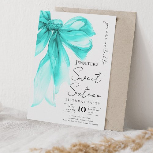 Turquoise Bow Coquette Script Sweet 16 Party 