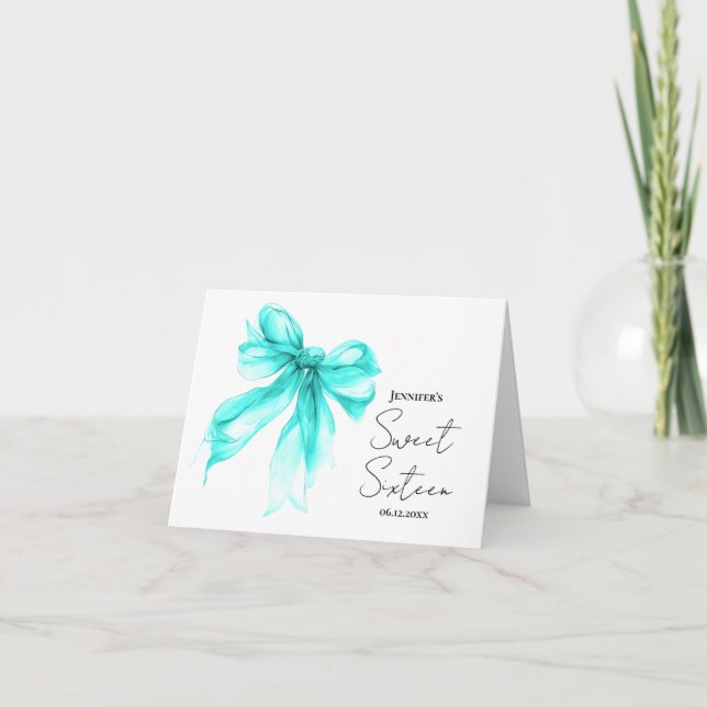 Turquoise Bow Coquette Script Sweet 16 Thank You  (Front)