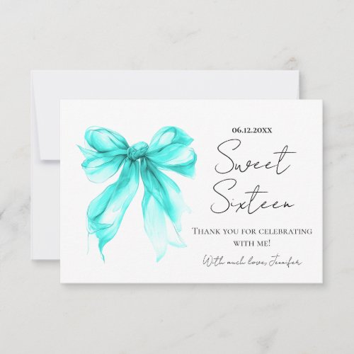 Turquoise Bow Coquette Script Sweet 16 Thank You 