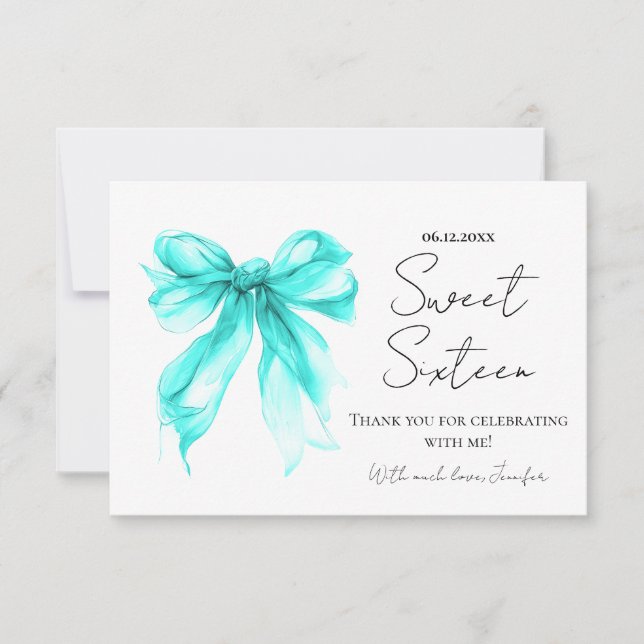 Turquoise Bow Coquette Script Sweet 16 Thank You  Card (Front)