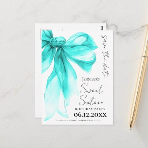 Turquoise Bow Coquette Sweet 16 Save the Date 