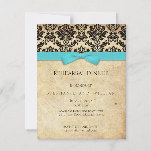 Turquoise Bow Damask Rehearsal Dinner Invitation (Front)