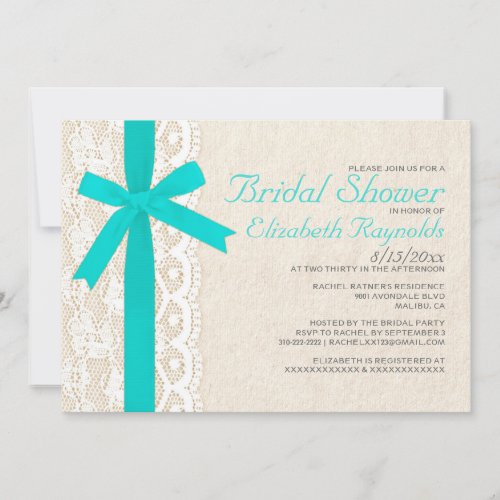 Turquoise Bow &amp; Lace Bridal Shower Invitations