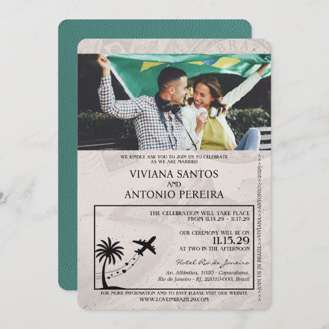Turquoise Brazil Passport Wedding Invitation (Front/Back)