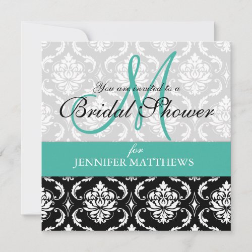Turquoise Bridal Shower Invitation Damask Monogram
