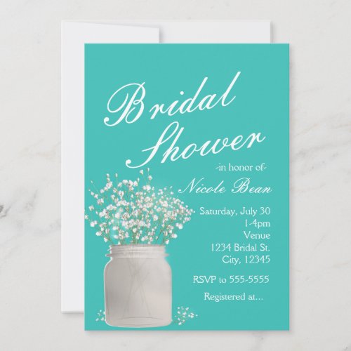 Turquoise Bridal Shower Mason Jar  Babys Breath Invitation