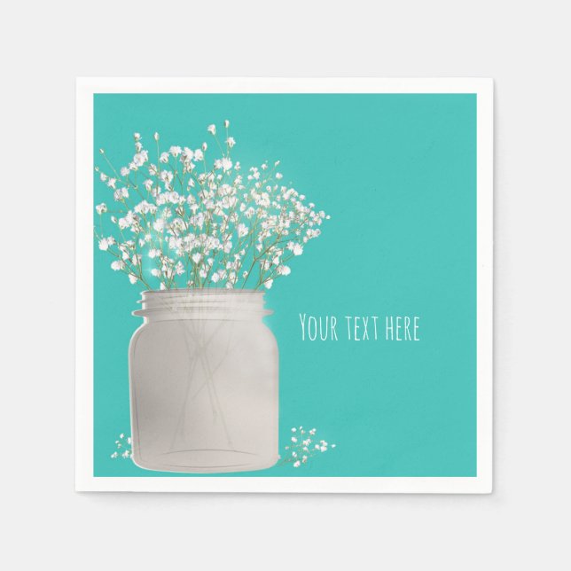 Turquoise Bridal Shower Mason Jar & Babys Breath Paper Napkins (Front)
