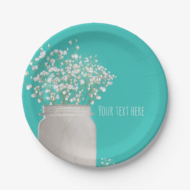 Turquoise Bridal Shower Mason Jar & Babys Breath Paper Plates (Front)