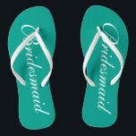 Turquoise bridesmaid flip flops for beach wedding<br><div class="desc">Cute aqua turquoise blue and white wedding flip flops for bridesmaids. Custom background and strap color personalizable with name or monogram initials optional. Modern his and hers wedge sandals with stylish script calligraphy typography. Elegant party favor for nautical and beach themed wedding, marriage, bridal shower, engagement, anniversary, bbq, bachelorette, bachelor,...</div>