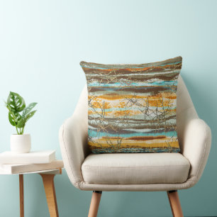 Turquoise Brown Amber Blended Abstract Crackle Throw Pillow